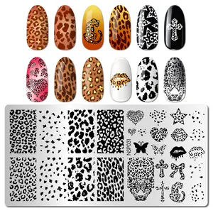 1pc Nail Art Stamping Plate Stainless Steel Leopard Print Bow Star Heart Pattern, Animal Print Nail Stamping Template for DIY Manicure Basic Nail Tools