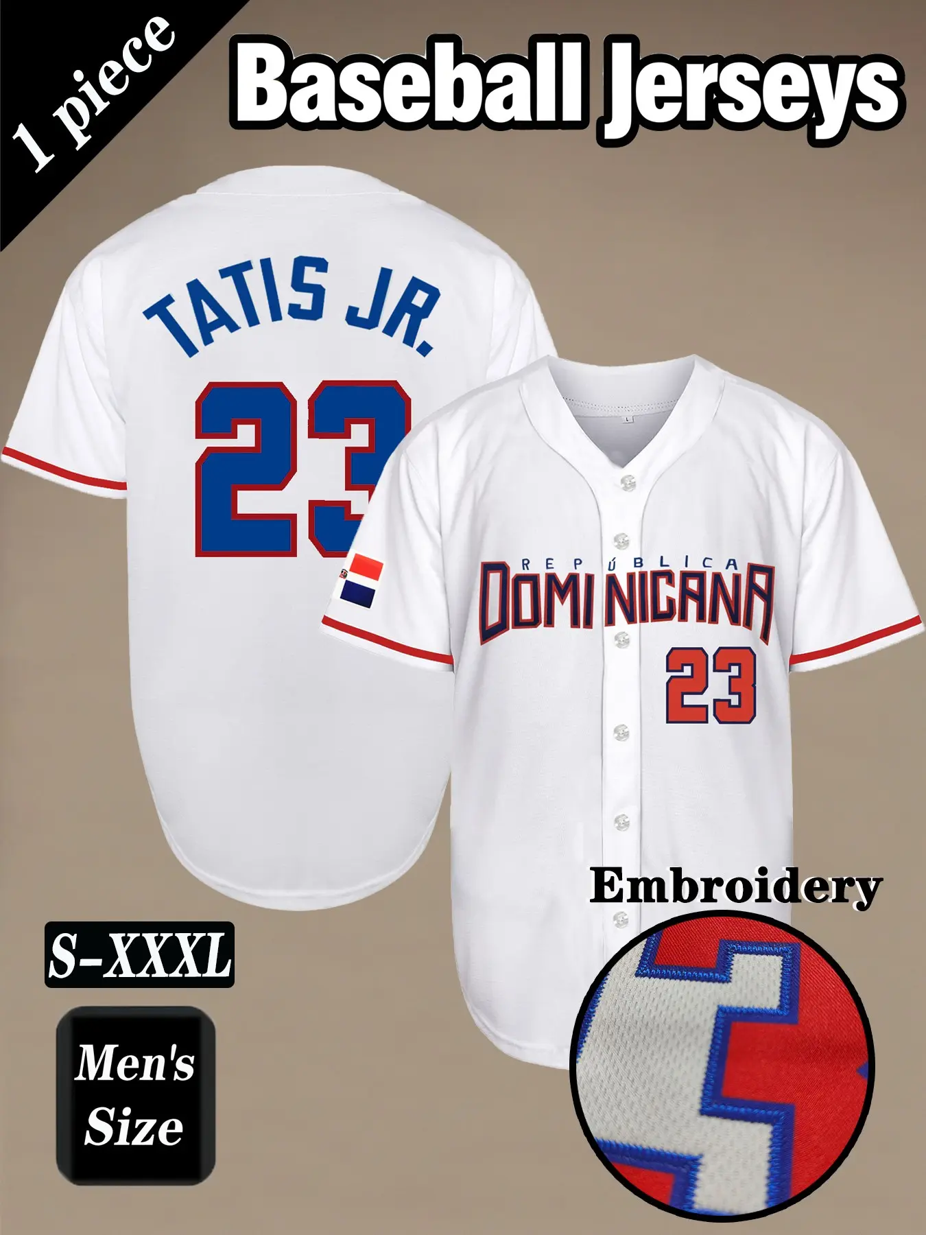 Dominican #23 Classic Embroidered Baseball Jersey, Sports Clothing, Short Sleeve V-Neck Sports Button-Up for Casual Wear, Ideal for Outdoor and Streetwear