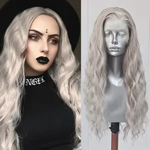 RONGDUOYI Silver Hair Loose Wave Synthetic Wig for Women Men Cosplay Water Wavy Silver Grey Color Heat Resistant Lace Front Wigs 26Inches Natural Hairline Light Gray Fiber Hair