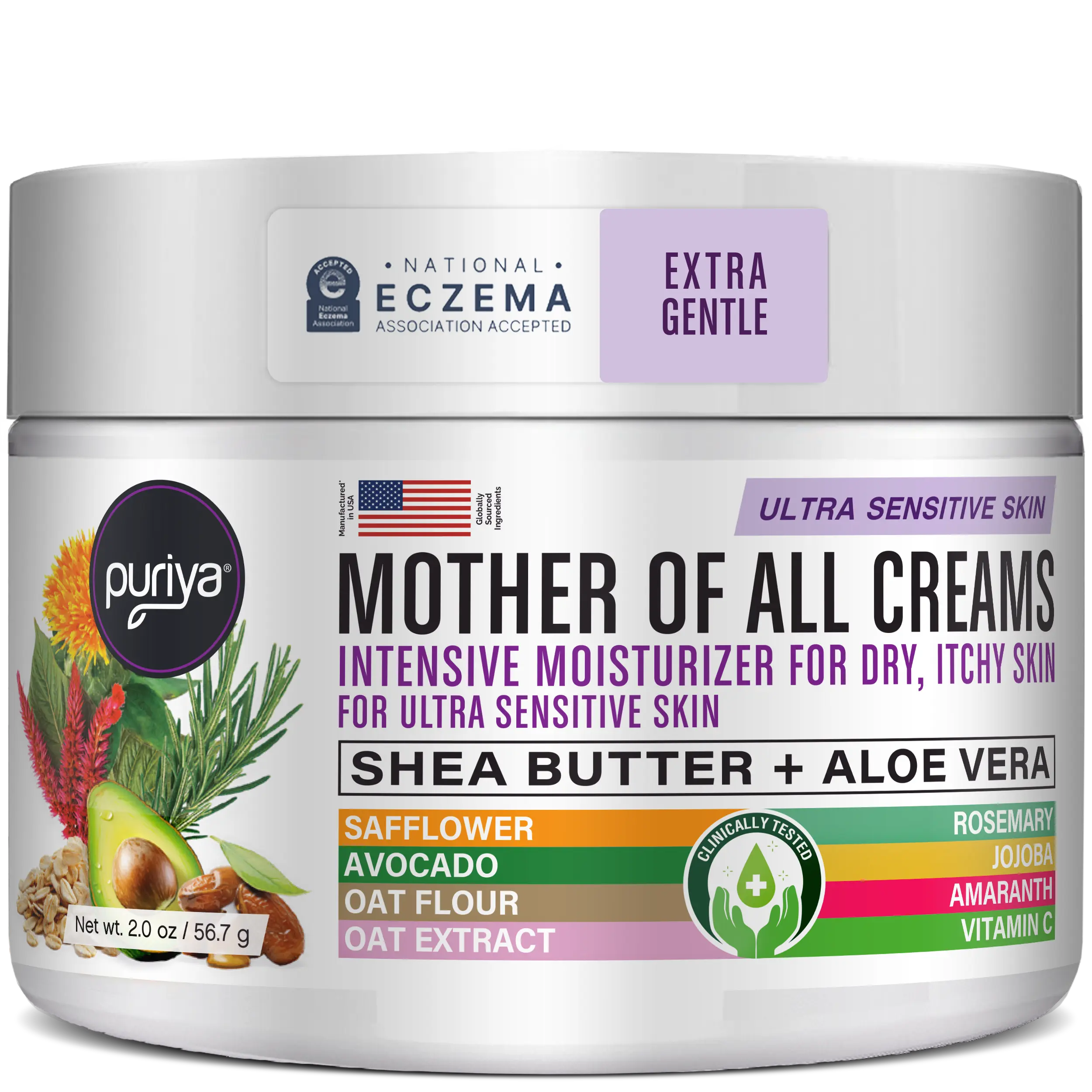 Puriya Mother of All Creams Ultra Sensitive Skin Variant - Gentle Plant-Based Moisturizer with Shea Butter & Aloe Vera - Hydrating for Dry Itchy Skin - US Made - 127.5 g