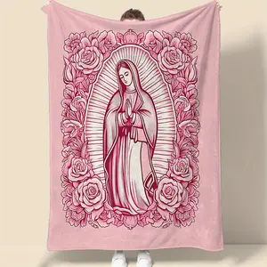 1 Piece Modern Cozy Pink Virgin Mary Ultra-Soft Double-Sided Velvet Blanket with Floral Print, Breathable, Multi-Size, Perfect Gift for Mom, Ideal for Sofa and Bed, Breathable Soft Blanket