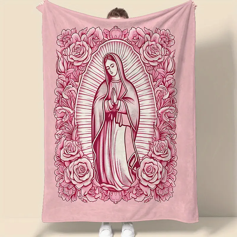 1 Piece Modern Cozy Pink Virgin Mary Ultra-Soft Double-Sided Velvet Fluffy Throw Blanket - Graphic, Insulation, Large Marshmallow Blanket Throws, Floral Print, Multi-Size, Perfect Gift for Mom, Ideal for Sofa & Bed, Fluffy Throws