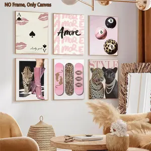 6-count frameless canvas, Unframed Wall Art, pink leopard print decorative poster, retro leopard print, living room wall art, family poster, suitable for corridor walls, room bedrooms, office art, exquisite gi