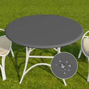 Round Vinyl Tablecloth, 100% Waterproof Elastic Fitted Table Covers for 36"- 44" Tables, Wipeable Flannel Backed Plastic Table Cloths for Picnic, Camping, Outdoor - Dark Grey