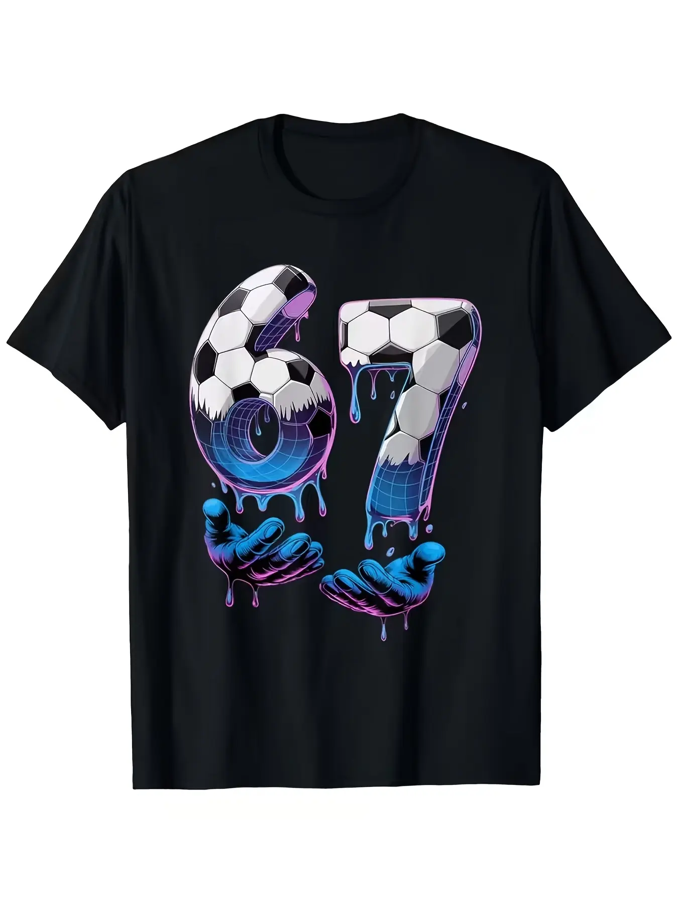 Kids' Cotton Short-Sleeve Casual Funny Graphic Slogan Tee - Soccer Fan Top with "67 Soccer Ball" Dripping Neon Print, Funny Graphic Tee Footwear