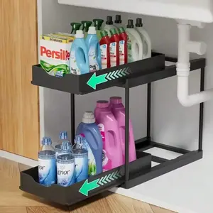 Adjustable Storage Rack, Single and Double Layer Sink Under Cabinet Organizer, Pull-Out Metal Kitchen Bathroom Shelf, Cleaner Supplies Organizer