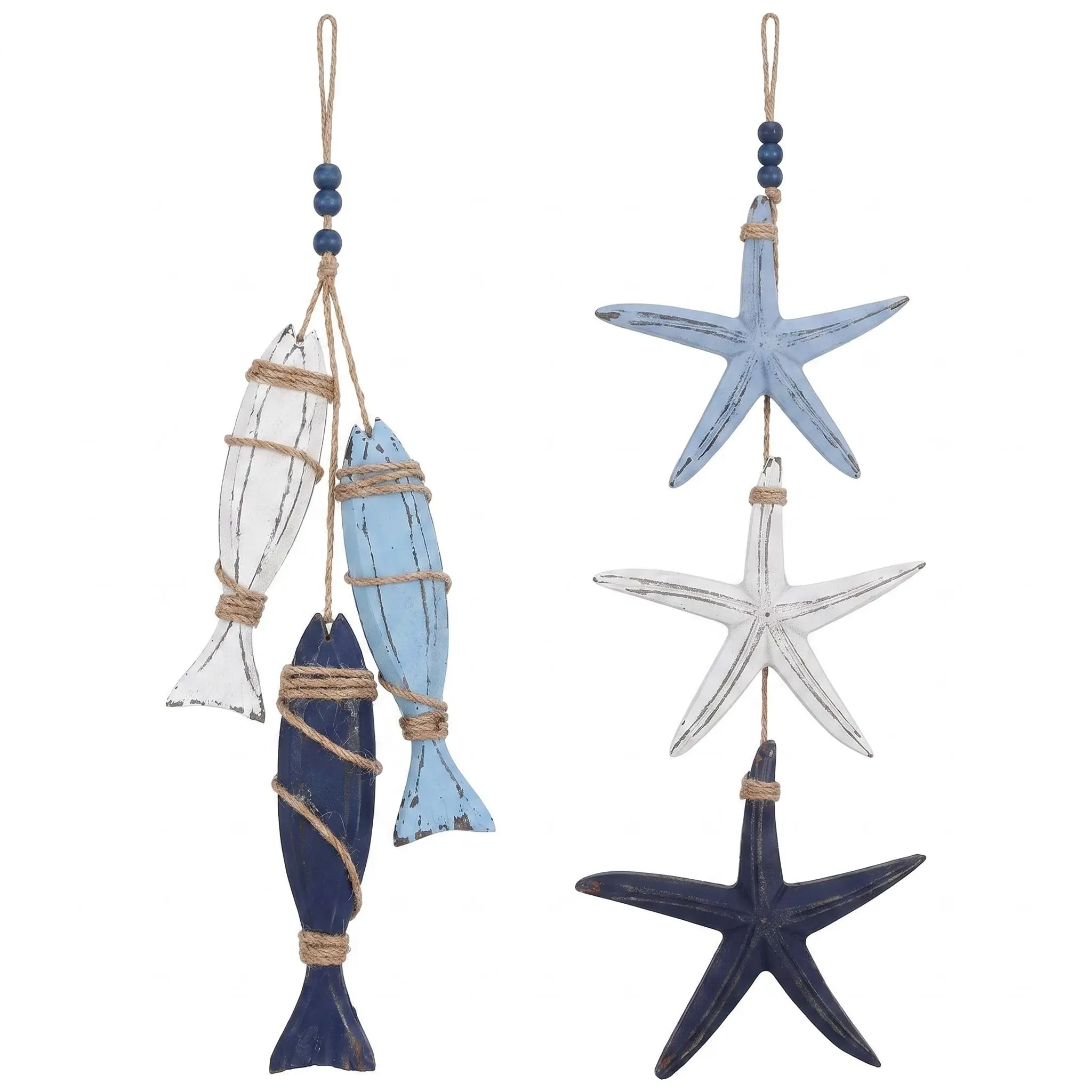2-Pcs Hangable Lightweight Coastal Wooden Wall Decor - Hanging Fish & Starfish Ornaments, Blue-White Nautical Farmhouse Home Accent, Backdrop for Bedroom, Living Room, Ideal Gift