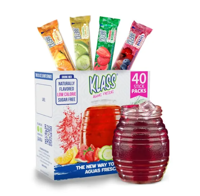Klass Aguas Frescas, Powdered Drink Mix Variety Pack, 40 Singles Zero Sugar & Caffeine-Free Powder Packets, Water Drink Mix, Flavors: Cucumber Limeade, Strawberry Watermelon, Hibiscus Berries & Pineapple Tangerine - 5 Calories Per Packet & Natural Flavors