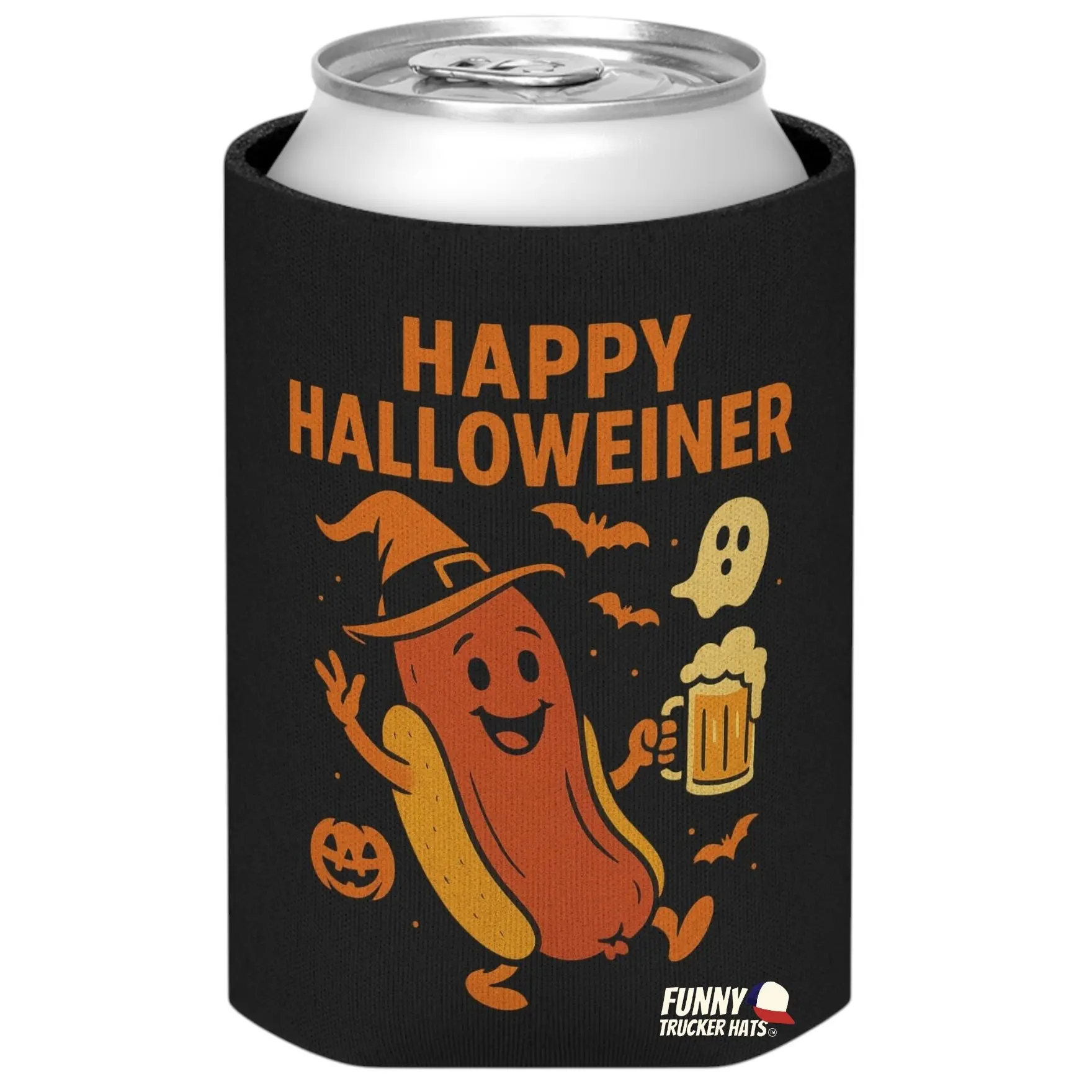 Happy Halloweiner Hot Dog Beer Sleeve – Funny Halloween Can Cooler – Neoprene Drink Holder 12oz & 16oz, Party Favor Double-Sided Insulator Spooky