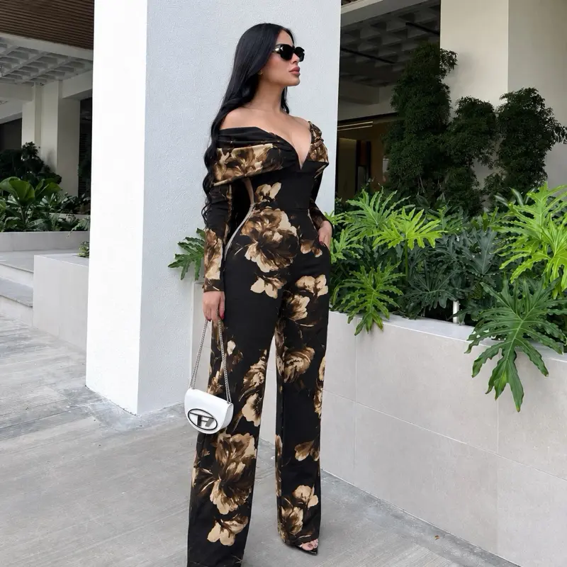 Women’s Black Floral Wide Leg Jumpsuit – Elegant Strapless Printed One Piece
