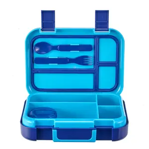 Plastic Bento Box with 4 Compartments, Fork, Spoon, and Dressing Container