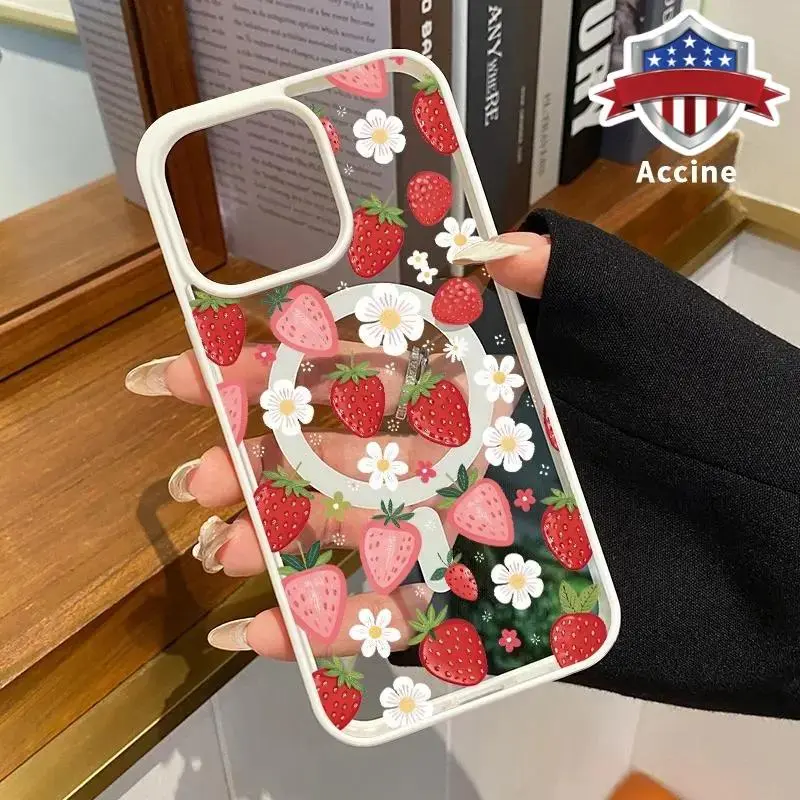 Strawberry Daisy Pattern Magnetic Phone Case Supports Wireless Charging for iPhone 17 15 16 14 Pro Max 13 12 11 XR XS Air Plus E Shockproof Non Slip Protection Silicone Transparent Acrylic Cover Cellphone Protective Smartphone Casing, Protector, Durable,