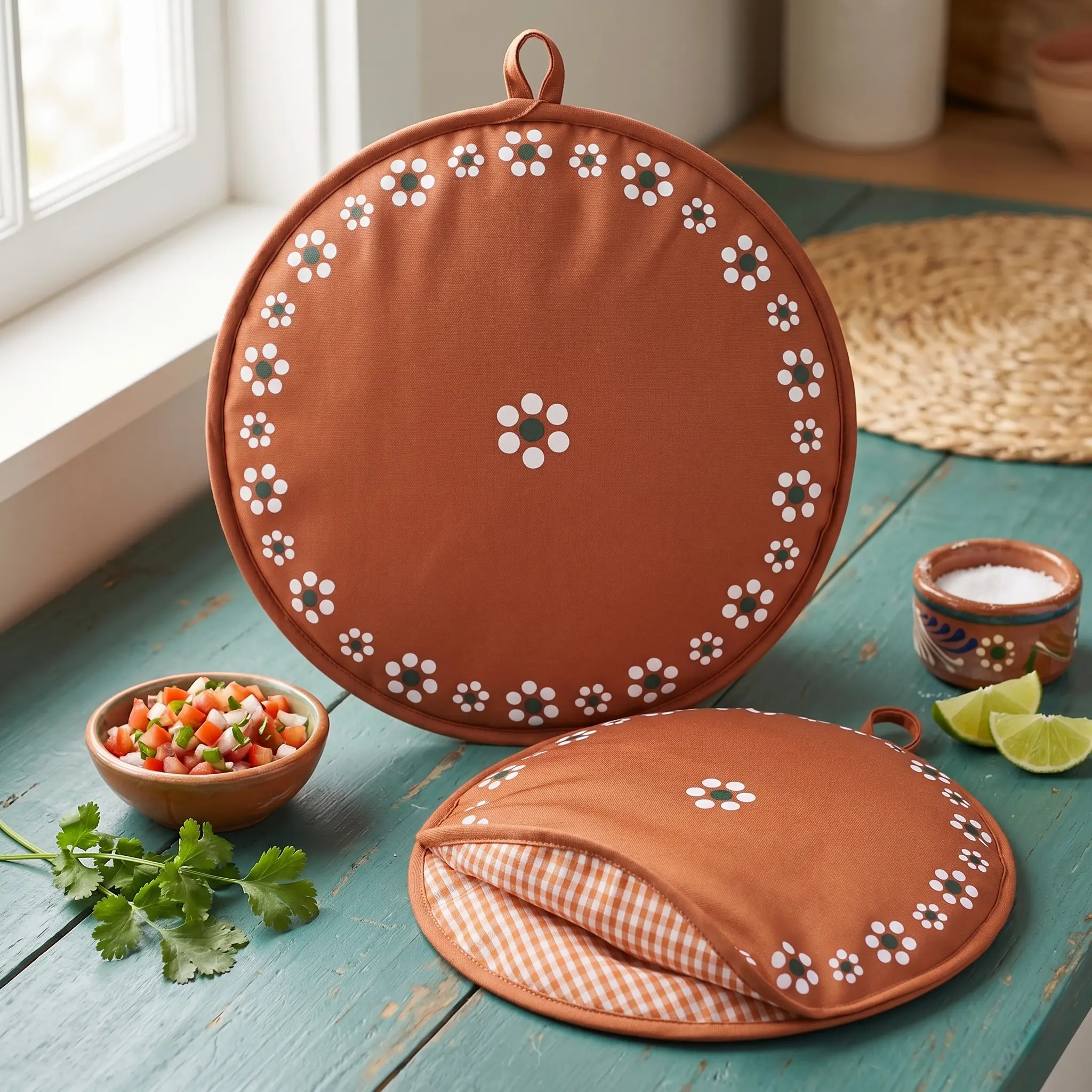 2 Pcs Polyester Microwavable Insulated Tortilla Warmer Pouch - Corn, Taco, Naan Holder, Mexican Specialty Kitchen Utensil for Dinners with Friends (Fits 2-12, Talavera Design), Family Meals