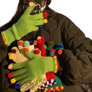 Colorful Pom-Pom Jelly-Bean Fingerless Touchscreen Gloves Winter Warm for Students Couples & Outdoor Riding Touchscreen-Friendly Playful Accents Breathable Lightweight