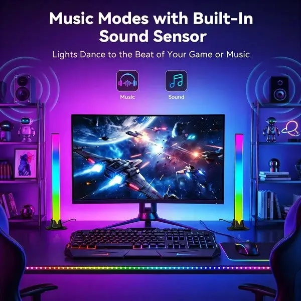 2 Pack RGB Light Bar, Smart Music Sync RGB IC LED Lights Bars, USB Powered Led Lighted Ambient Lighting, APP & Remote Control Color Changing Gaming TV Backlight, for PC Room Monitor Desk, App Controlled Lighting