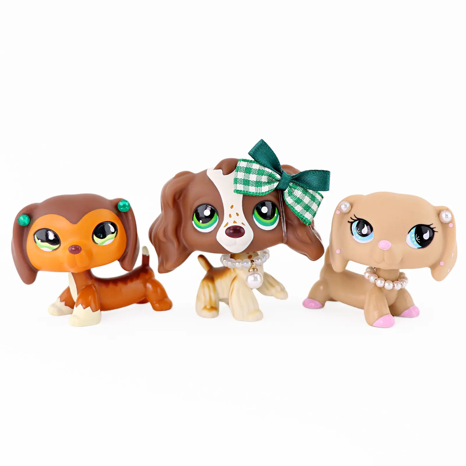 3 Pcs Bobble Head Mini Dachshund & Spaniel Puppy Figurines, Elegant Small Dog Collectible Toys with Detachable Pearl Necklace Plaid Bow Rhinestone Ear Stud Accessories, Pet Statues for Girls Cake Decor Party Favor Birthday Gift
