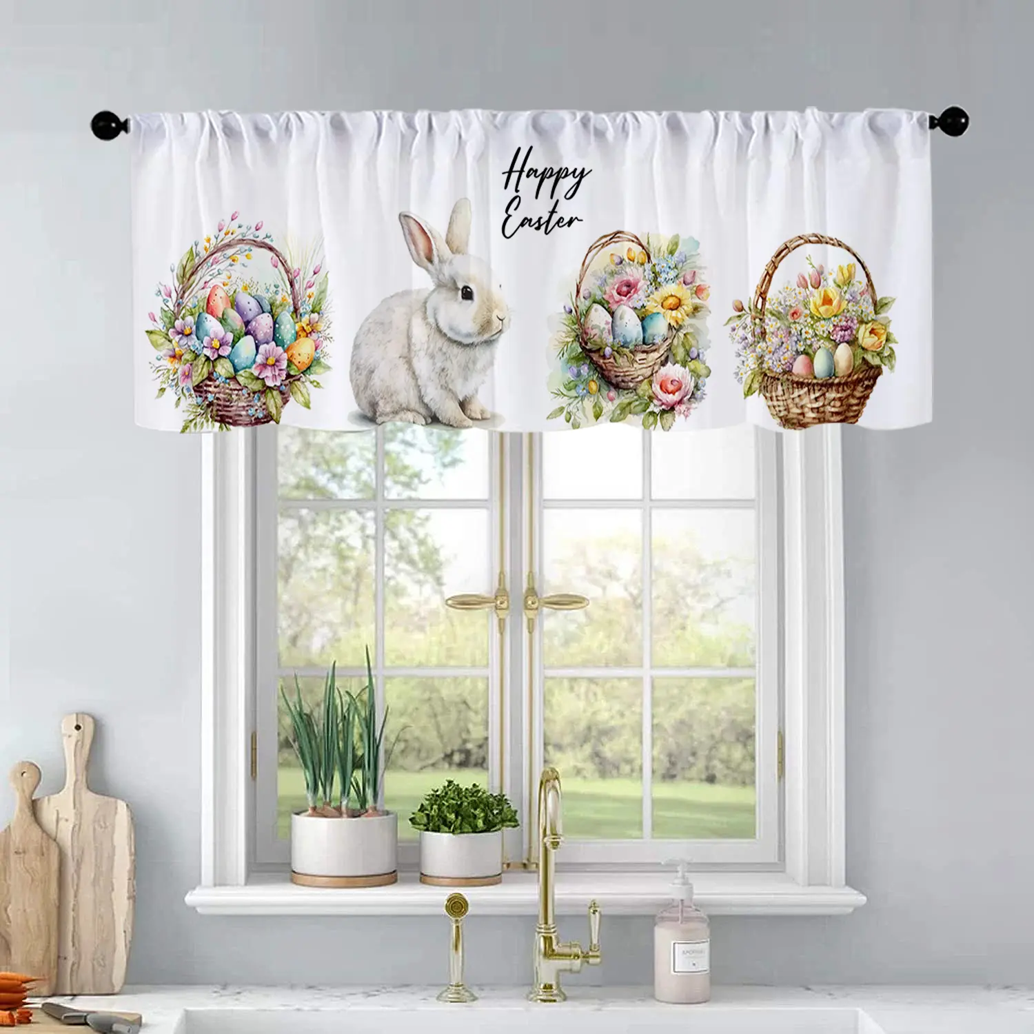 1Pc Easter Bunny Flower Watercolor printed kitchen curtains Window Curtain living room bedroom bathroom home decoration 54 * 18 inches