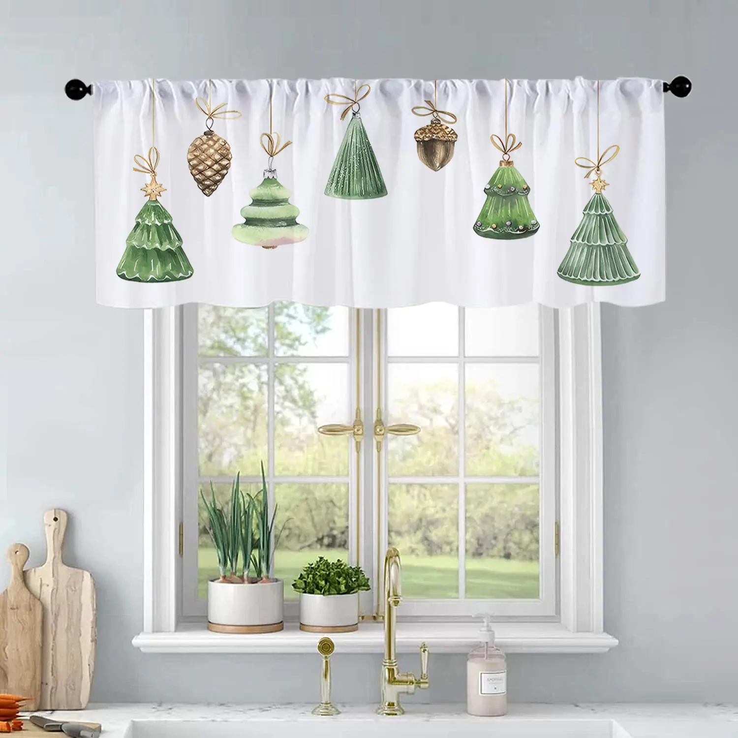 1pc Christmas and New Year printed kitchen curtains Christmas toys, beautiful christmas tree curtains valance window treatment living room bedroom home decor 54 x 18 inch