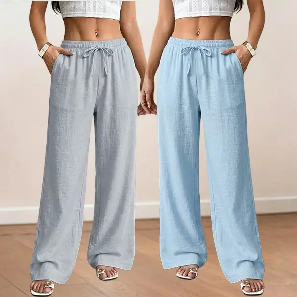 2-Piece Set - Women’s mid-rise linen wide-leg pants, lightweight and breathable casual trousers for summer beach vacation outfits
