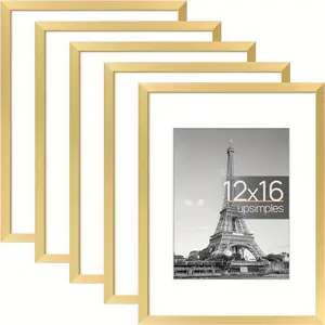 Set of 5 Elegant Golden Picture Frames 12x16 - Classic Design for 8.5x11 with Mat or 12x16 Without Mat, HD Safe Material, Easy Spring-Loaded Mounting, Perfect for Home & Office Wall Gallery Decor