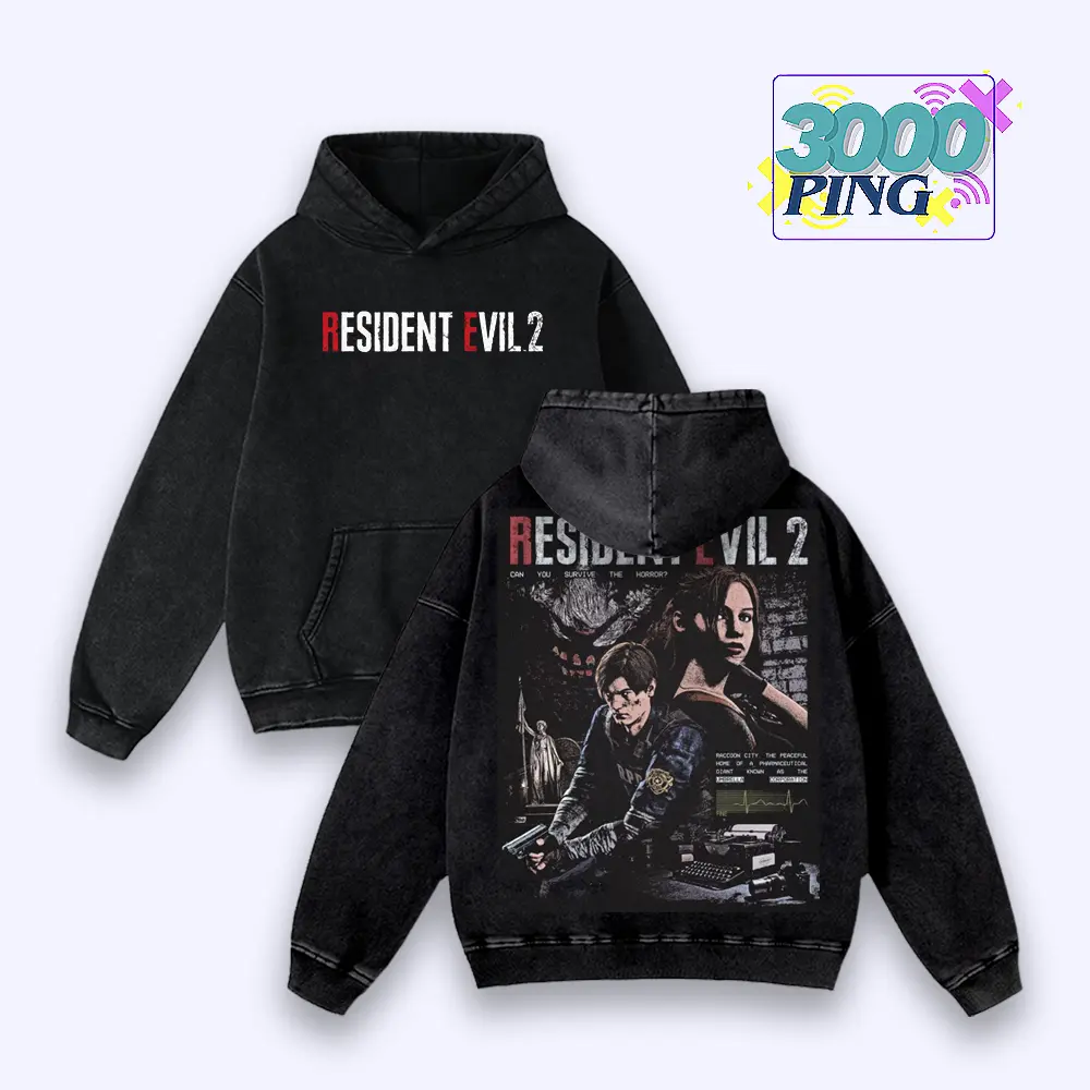 Resident Evil 2 Remake Hoodie & T-Shirt Leon & Claire Graphic, Vintage Acid Wash Apparel, Survival Horror Game Merch, Raccoon City Pullover, Unisex Cotton Top