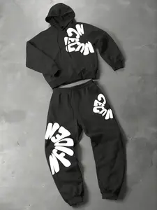 JESUS’ Graphic Tracksuit Set — Hot-Selling Streetwear! Bold Repeated Text Print, Black Matching Hoodie & Sweatpants. Oversized Fit For Urban Casual Style. Trendy Co-ord Statement Piece.