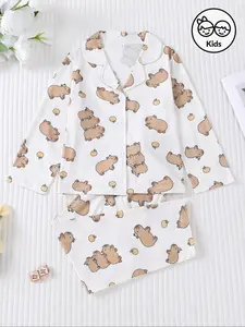 Cute Capybara Print Kids Fire-Resistant Set, Cartoon Print Pajama, Long Sleeve Button Front Top & Elastic Pants, Casual All-Season Sleepwear, Pajama Sets