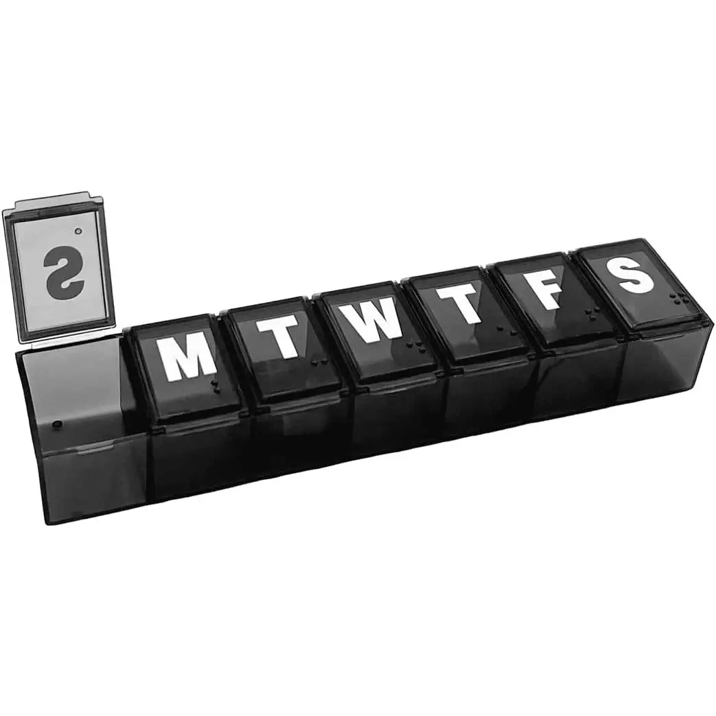 Weekly Pill Organizer Vitamin Planner Medicine Box Medium Compartments Black Tablet 7-Day Reminder Easy Open Lids