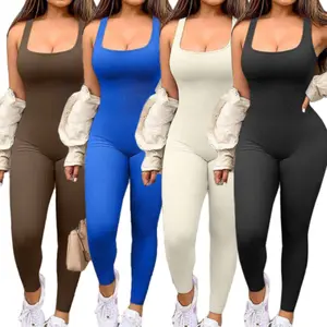 (Size Up)Women's High-Waisted Yoga Bodysuit Sleeveless Square Neck Thumbhole Design Stretchy Non-See-Through Workout Jumpsuit for Yoga Gym & Casual Wear Solid Black All-Season Activewear Fitness Sport Outfits