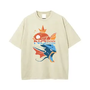 Men's Pocket Monsters Magikarp Gyarados Evolution "No Pain No Gain" Graphic Washed Casual T-Shirt - Short-Sleeve, Retro, Vintage Distressed, Oversized Loose Fit, Unisex Anime Streetwear Clothes