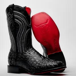 Black Caiman Neck Leather Boots - Square Toe