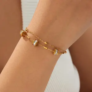 Fashionable, Light Luxury, High-End Gold-Plated Double-Layer Stacked Chain Stainless Steel Diamond-Embellished Round Accessory Bracelet