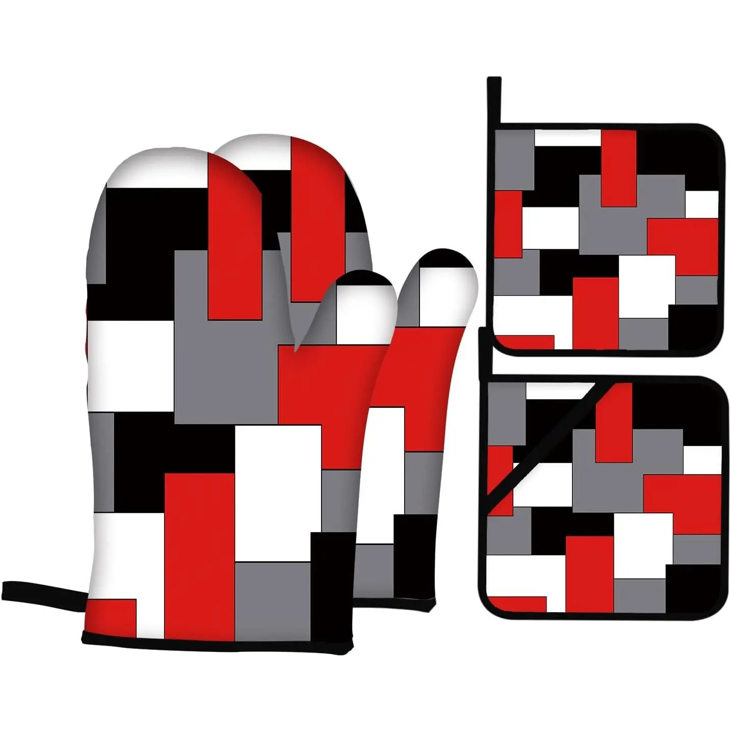 Red Black Grey White Oven Mitts and Pot Holders Sets of 4 Geometric Oven Gloves for Kitchen Baking Cooking Grilling (Red)
