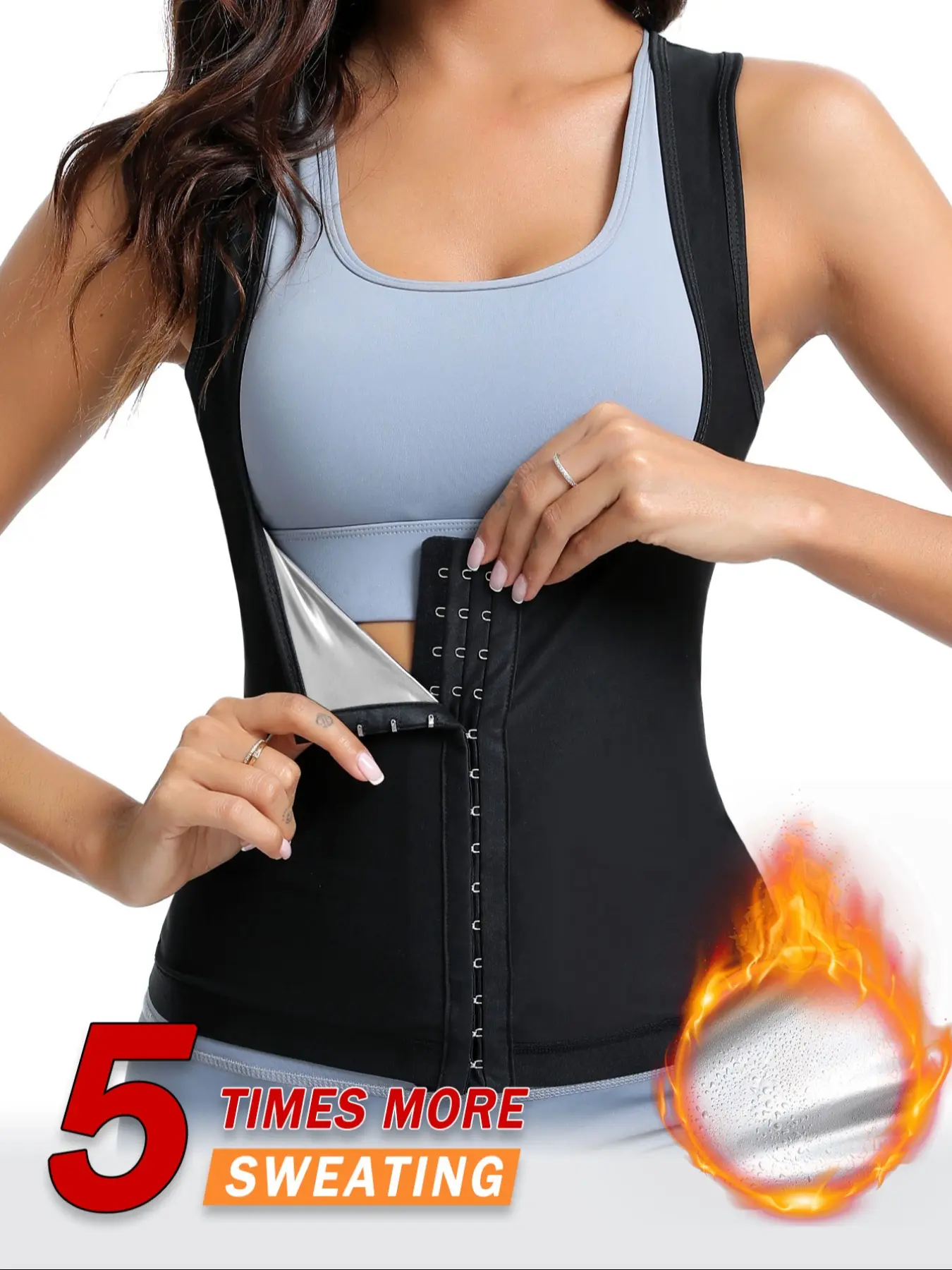 Women's Slim-Fit Compression Sports Sweat Suit, Workout Sportswear, Fitness Clothes, Activewear, High-Stretch Waist Trainer Vest & Yoga Gym Jacket, Anti-Sagging Support, Pin Buckle Design, Compression Tops