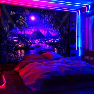 1pc UV Glow in the Dark Tapestry - Fantasy Night Scene with Glowing Ships & Pyramids, Large Peach Light Beige Fluorescent Wall Hanging for Bedroom, Party Decor, Home Office, Living Room -  Wrinkle-Resistant Polyester college dorm wall decor Decoration