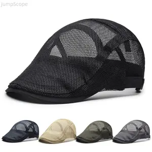 Unisex Hollow Mesh Knit Beret, Adjustable One Size Breathable Sun Hat, Retro British Flat Duckbill Cap for Summer Outdoor Sports Daily Wear