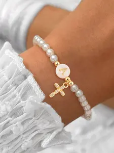 Mother's Day Gift Women's Vintage Fashion Pearl Beaded Bracelet, Round Shell Initial Zircon Cross Pendant Bracelet, Casual All-Season Jewelry, Exquisite Fashionable Bracelet, Casual Accessories