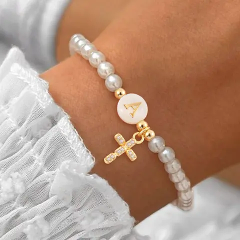 Mother's Day Gift Women's Vintage Fashion Pearl Beaded Bracelet, Round Shell Initial Zircon Cross Pendant Bracelet, Casual All-Season Jewelry, Exquisite Fashionable Bracelet, Casual Accessories, Fashion Bracelets