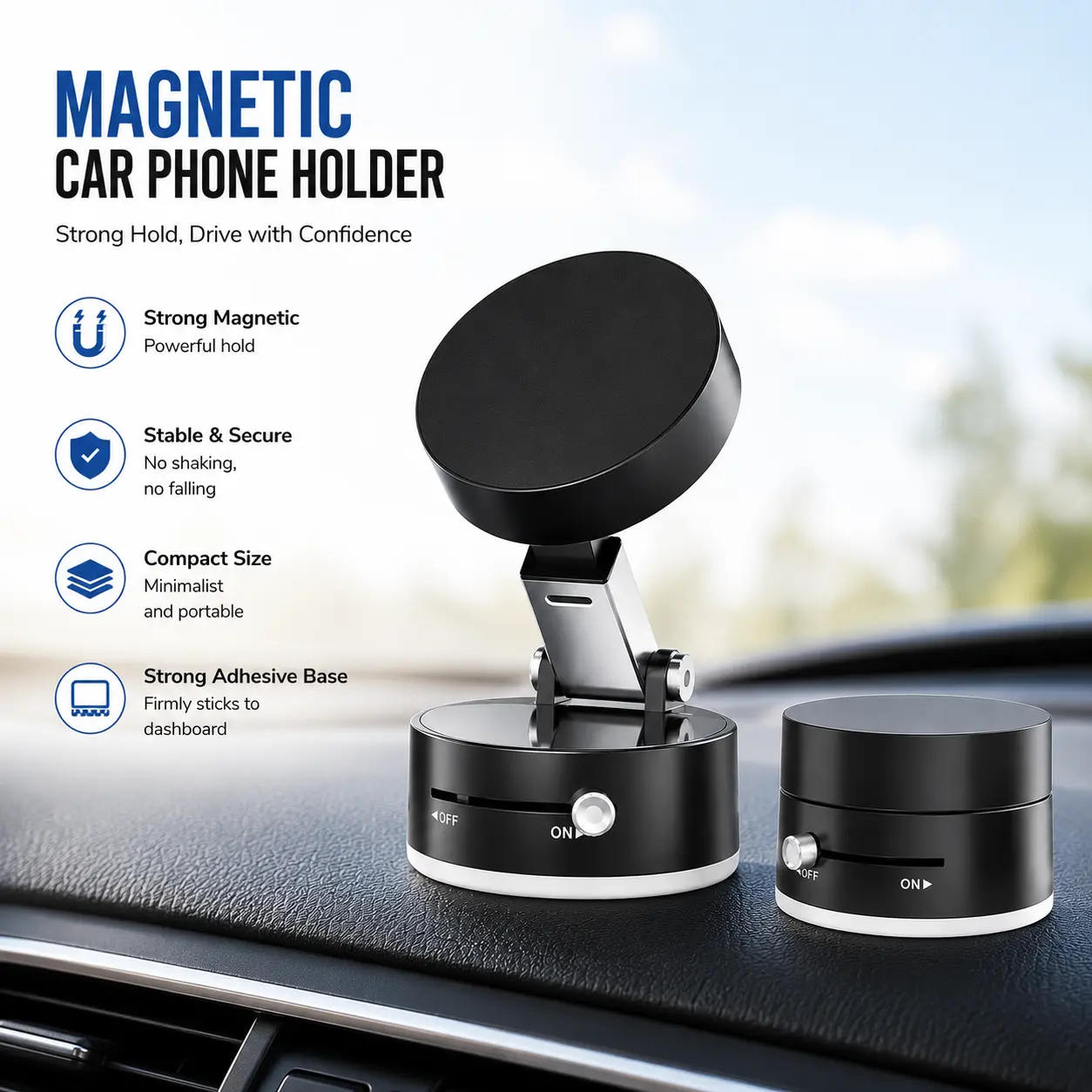 Vacuum Suction Magnetic Car Phone Holder Mount Fit All Phones, Adjustable Phone Holders for Your Car Home Office Smooth Surfaces,Metal Ring Stick Outside if Case Non-Magnetic