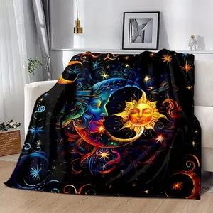 Vibrant 3D Sun & Moon Starry Sky Flannel Blanket,Warm,All-Season Cozy Throw For Living Room,Bedroom,Sofa,Picnic & Viking Decor Geometric Space Theme More Available In Multiple Sizes Versatile Throw Geometric Pattern Blankets Warm Fabric
