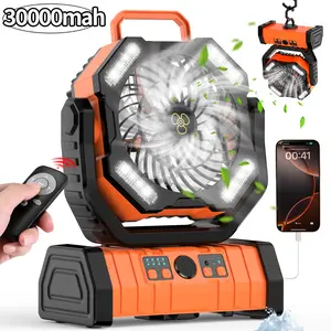 30000mAh Rechargeable Portable Camping Fan with LED Light, Oscillating, 360° Hook, 270° Pivot, Remote Control, Timer & USB Charging. Cordless, Quiet, Strong Wind for Tent, Camping, Travel, Home, Outdoor Sports, World Cup Stadium, Bleachers & Emergency Use