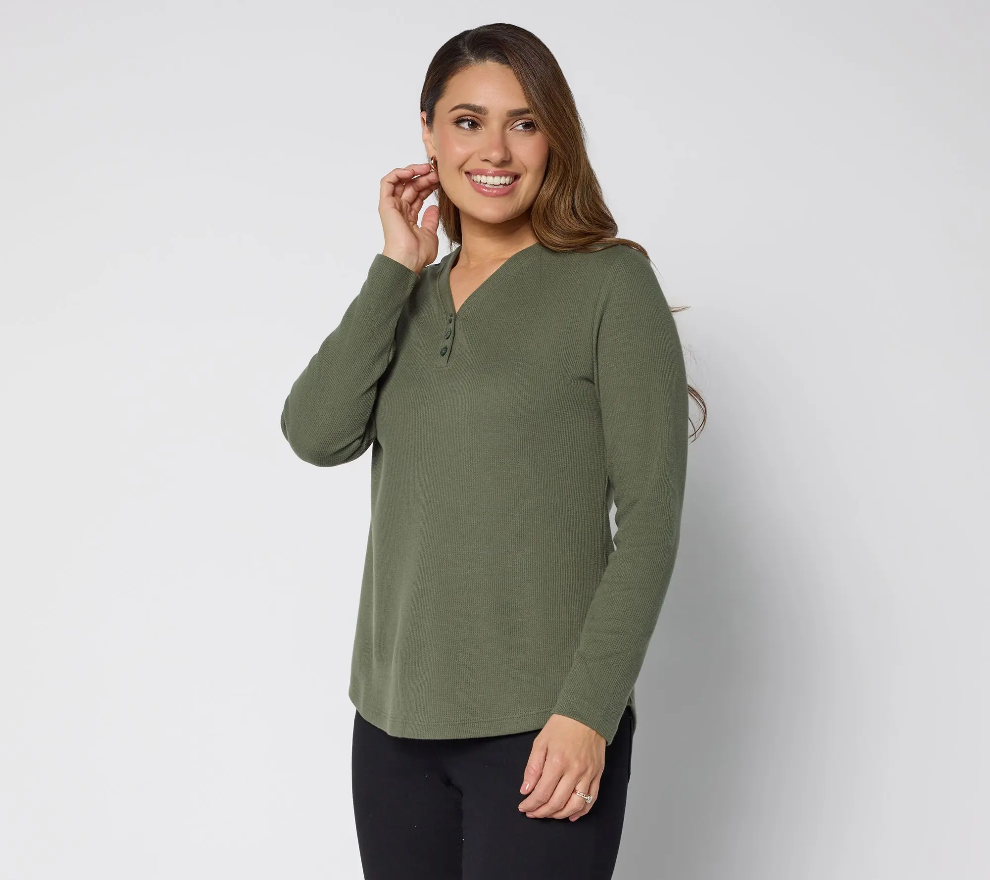 Denim & Co. Essentials Waffle Knit Y-Neck Henley Top