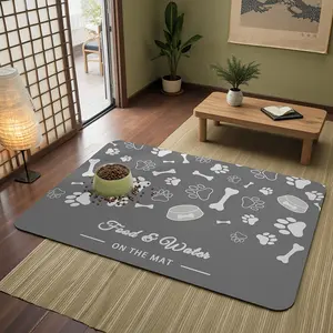 Quick-Dry Easy-Clean Pet Feeding Mat with Dog & Cat Illustrations Reusable Durable Diatomaceous Earth Mat for Food & Water Bowls Entryway Mat for Home Pet Essentials Playful Design Quick Dry Mat