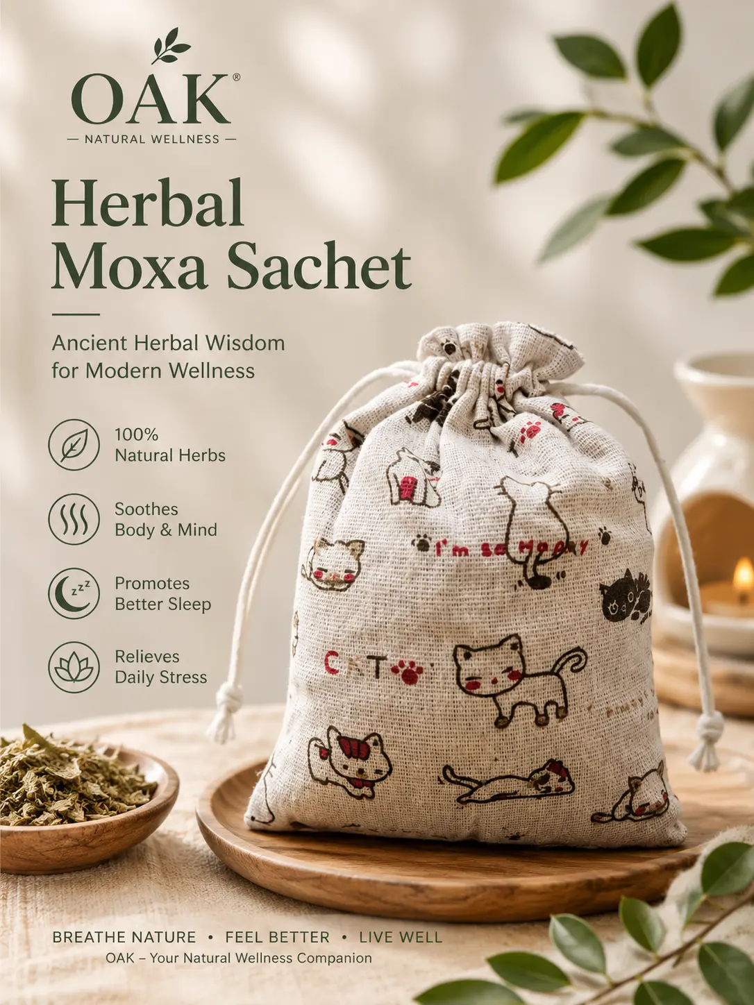 OAK Natural Herbal Moxa Sachet | Botanical Aroma Bag for Home, Car & Closet