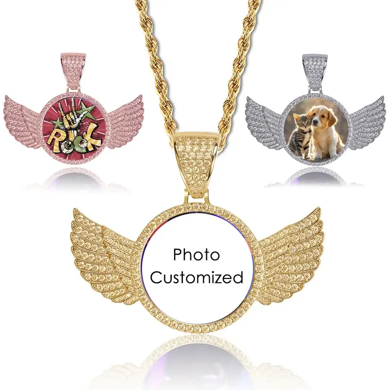 Custom Photo Pendant Necklace For Women Men Iced Out Bling Cubic Zirconia Wing Stainless Steel Chain Hiphop Jewelry Memory Gifts