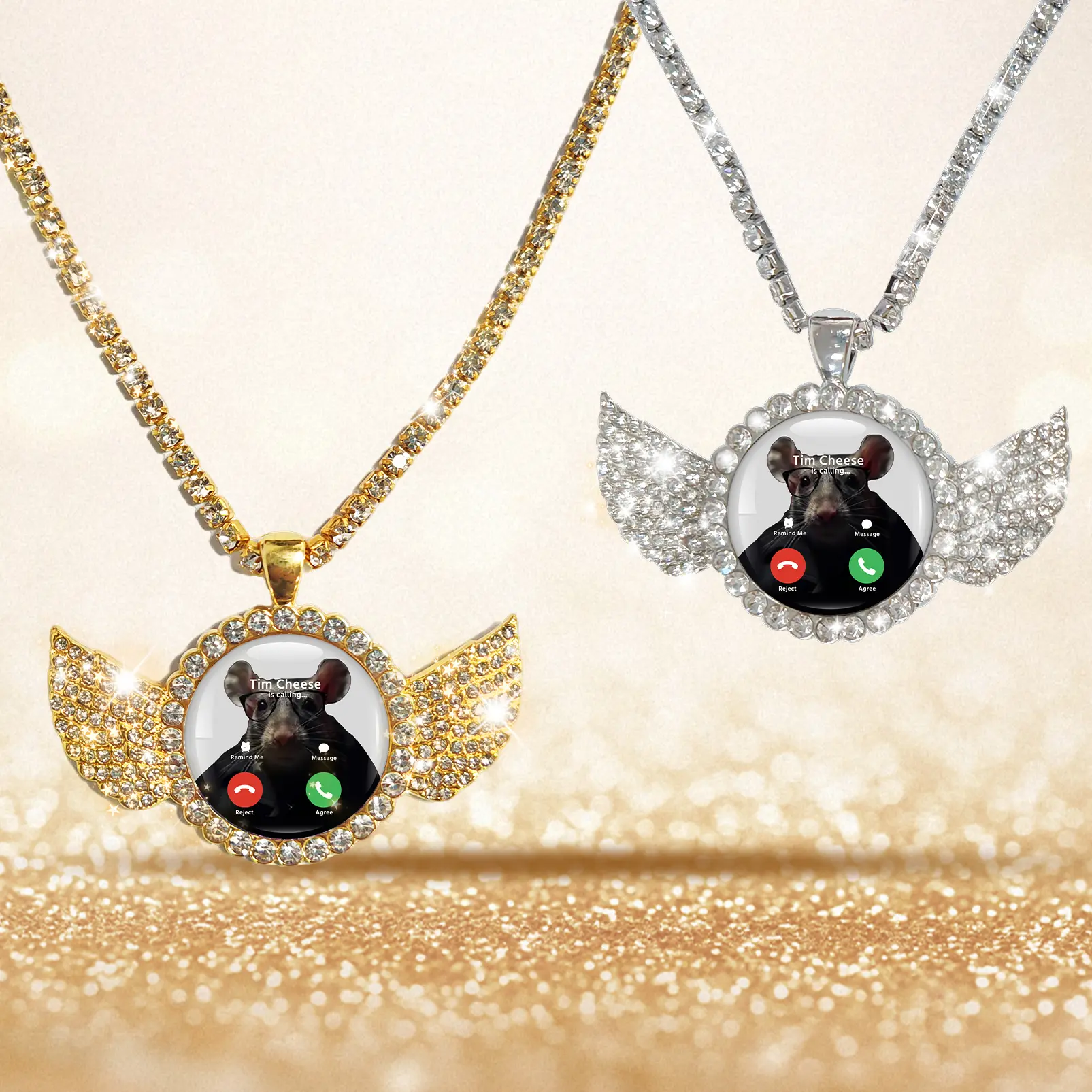 Funny Mouse 14K Gold Plated Simulated Gem Tennis Necklace - Tim Cheese Call Graphic, Iced Out Rhinestone Wing Chain Jewelry, Funny Accessories, Fun Homage, Casual Wear, Mouse Graphic, Ideal for Mens Gifts.