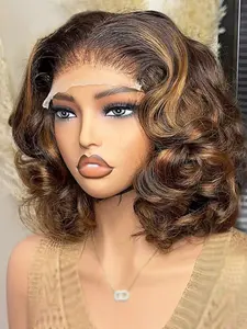 14 Inch Soft Highlighted Wavy Wig, 180 Density, 13x4x1 Front Lace, Synthetic Hair, Suitable for Daily Wear, Women