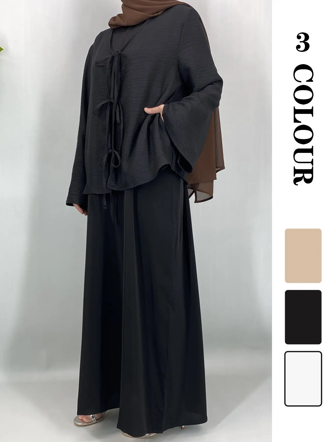 Inner+Top 2PCS set Matching Outfit Set Versatile Islamic Clothing Set Muslim Sister's Minimalist Modesty Outerwear Jacket, Match Style Set 3 Colors 5 Sizes Loose Fit with Flare Sleeves, Flattering and Essential for Seasonal Fashion Matching Sets Clothes