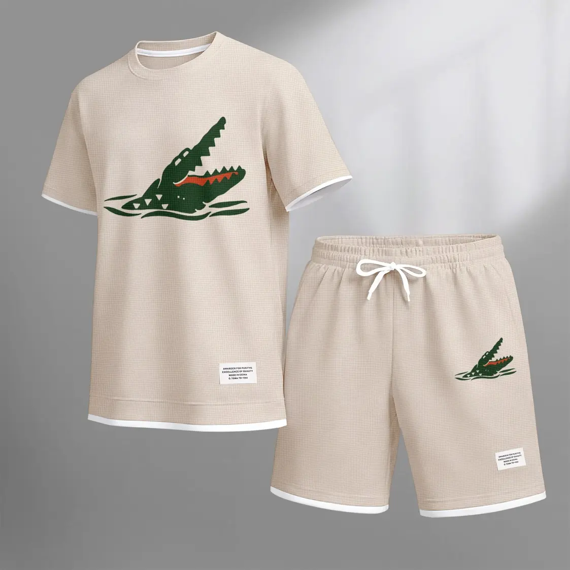 Men's Funny Cartoon Crocodile Print Waffle Fabric Short-Sleeved Shirt And Shorts Set