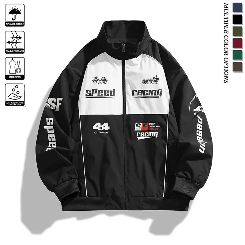 Men’s color-block racing jacket with retro letter print, stand collar and zip closure; a loose, casual streetwear outerwear piece in Y2K street style, biker riding jacket suitable for everyday wear, cycling, and other occasions.